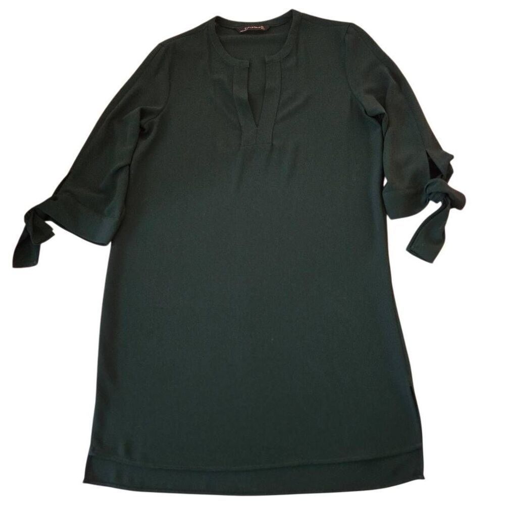 Zara Woman Forest Green Tie Sleeve Split Neckline Shift Dress Medium - Picture 8 of 11
